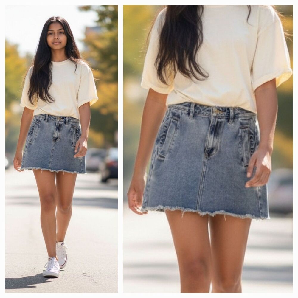 Pacsun 100% Cotton Medium Wash Raw Hem Denim Mini Skirt Size 25